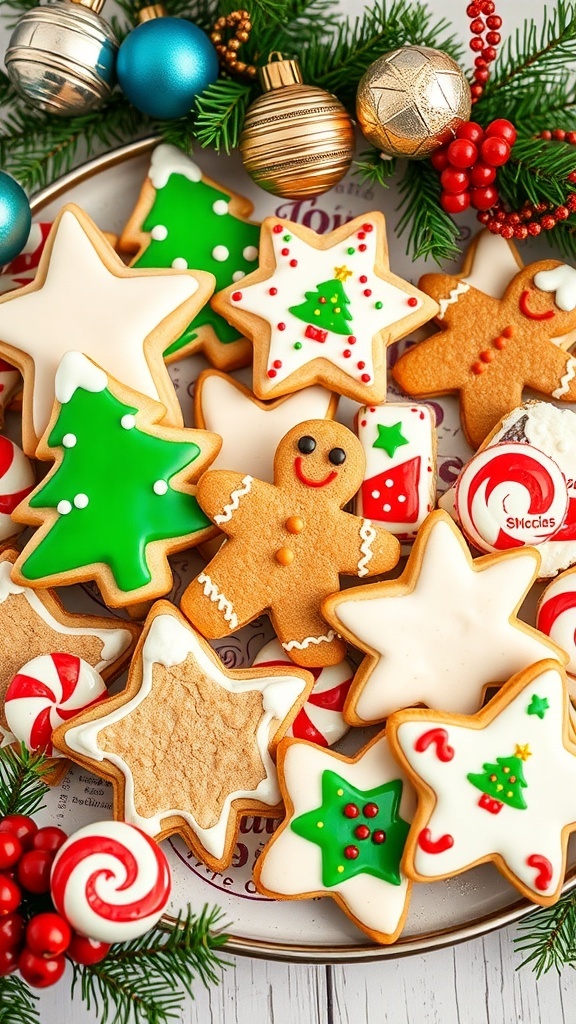 Festive Christmas Cookie Recipes An assortment of decorated Christmas cookies including stars, trees, and gingerbread men on a festive platter.